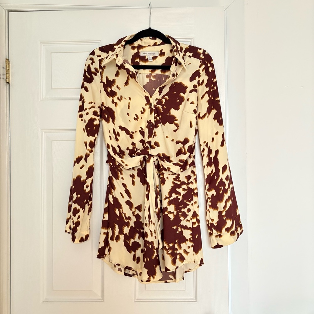UO cow print tie-front button down shirtdress